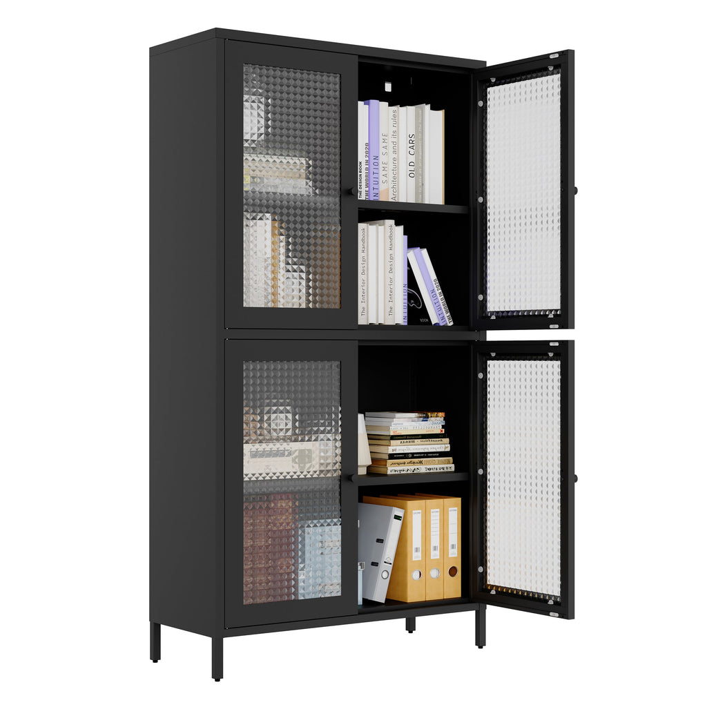 Classic Metal Storage Cabinet Display Cabinet with 4 Glass Doors 4 Shelves Cabinet  Bookcase Side Cabinet for Home Office Living Room Kitchen Hallway - Black, Waffle Grids Tempered Glass