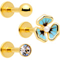 16G 5/16 Clear Gem Gold Tone Blue Pansy Labret Set of 3