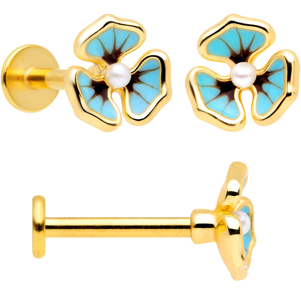 16G 5/16 Clear Gem Gold Tone Blue Pansy Labret Set of 3