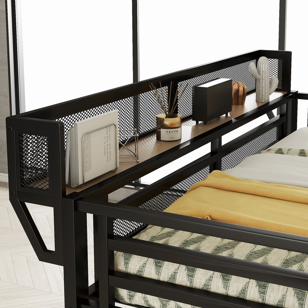 Full Loft Bed with Desk and Charging Station, Full Size Metal Loft Bed with Stairs and Light for Kids Teens, Black, Patent Products