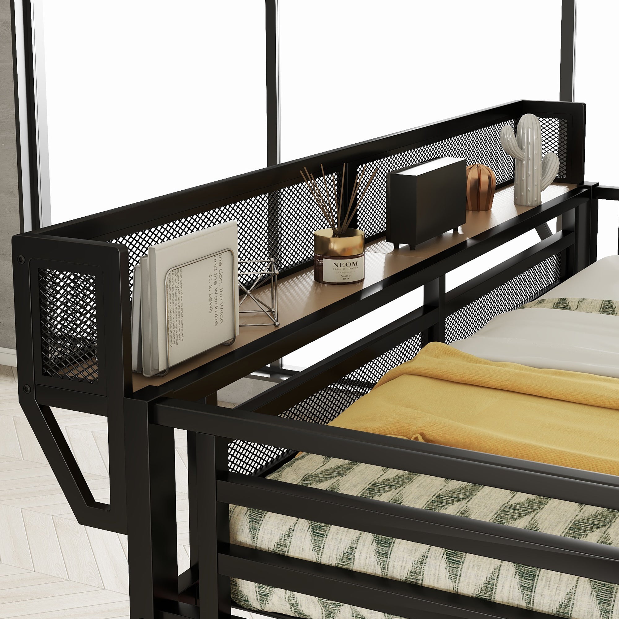 Full Loft Bed with Desk and Charging Station, Full Size Metal Loft Bed with Stairs and Light for Kids Teens, Black, Patent Products