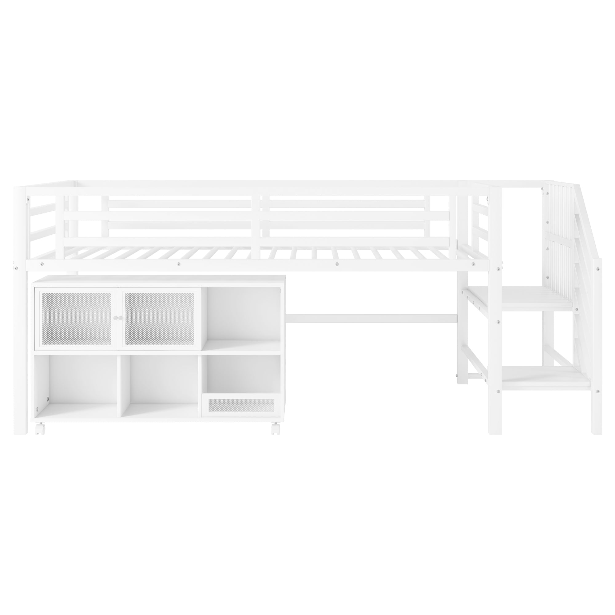 Twin Metal Loft Bed with Storage Cubby, Low Metal Loft Bed with Stairs for Kids, White, Expect Arrival Date 2025/11/10