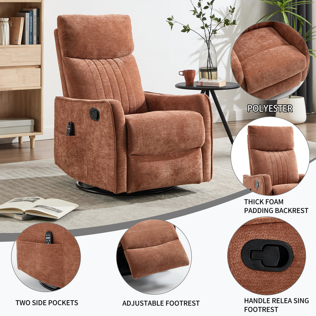 Orange Heat Massage Manual Recliner Chair with Rocker and Swivel in Fabric for Living Room