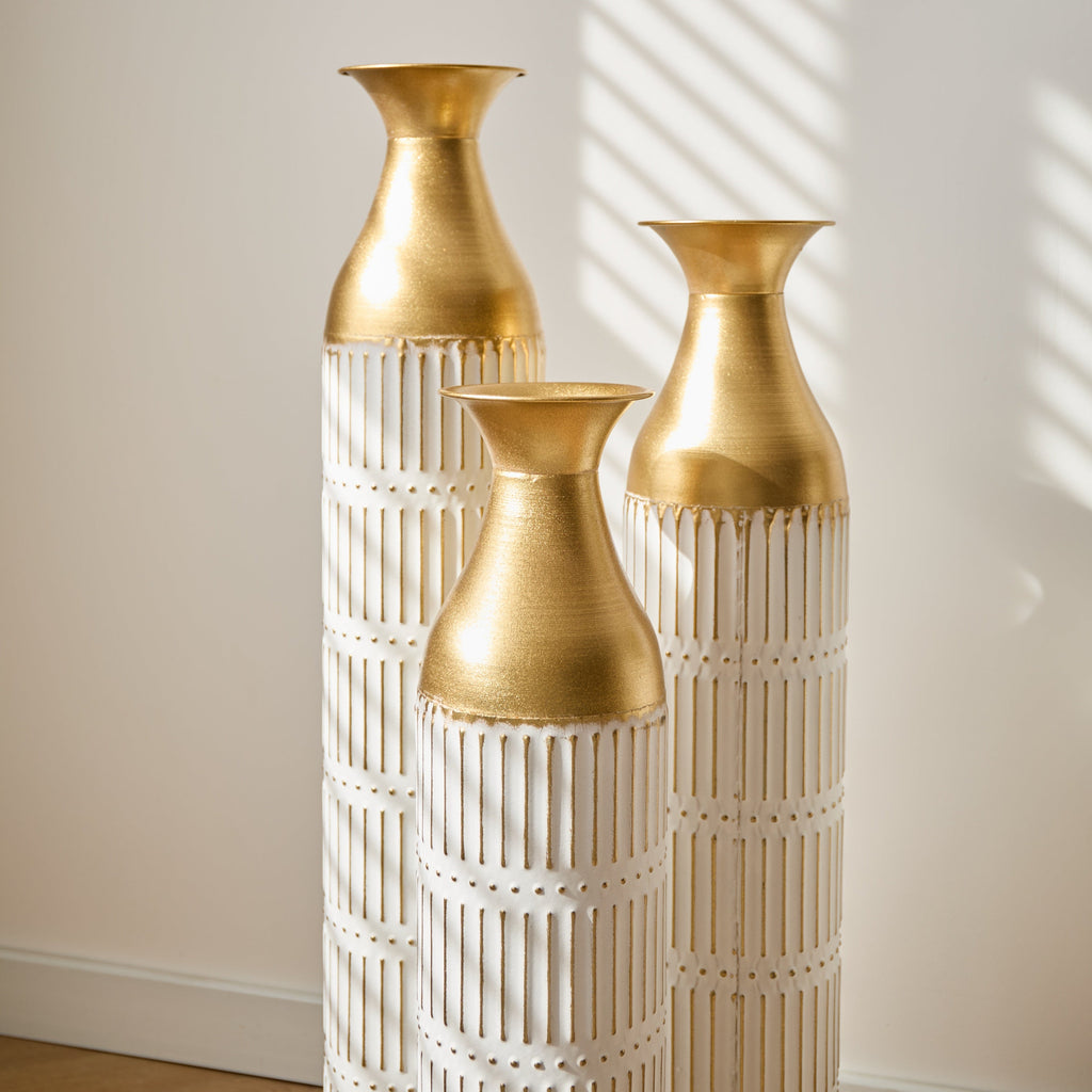 Floor Metal Vases Decorated White Metal Vases Set of 3 Gorgeous Home Decoration Large Glazed Metal Vases 24in/28.7in/33.5in Height