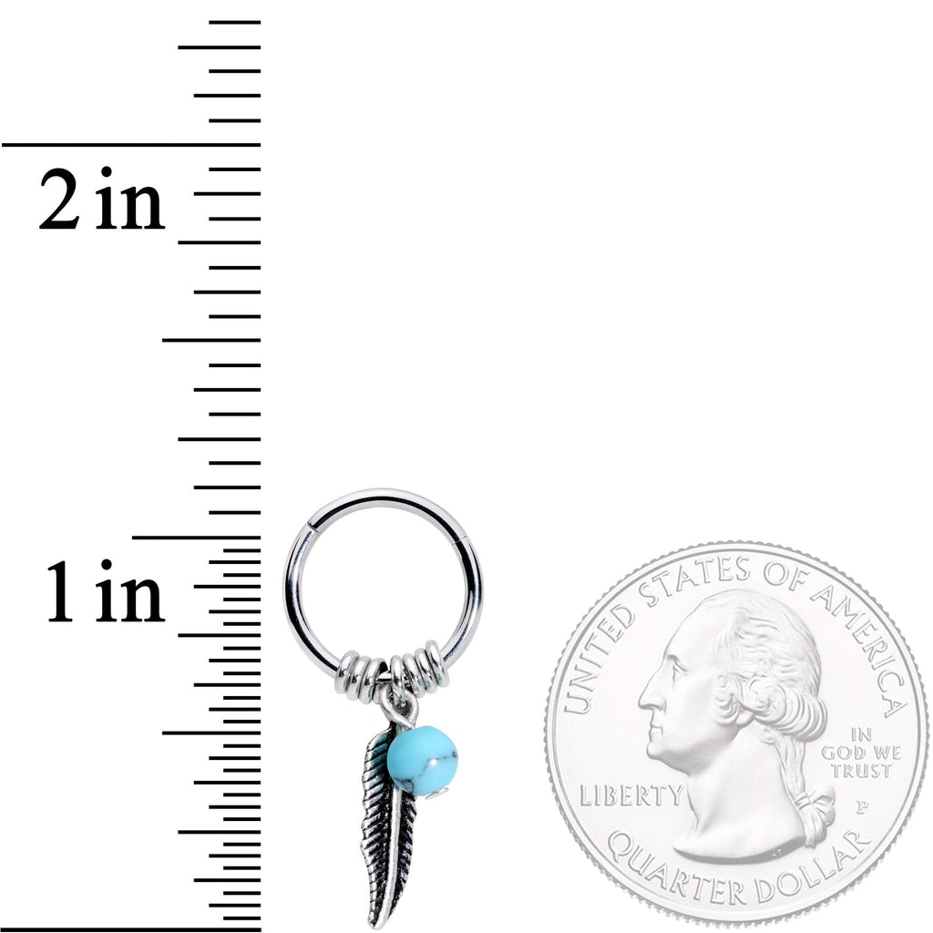 16G 3/8 Southwest Blue Bead Feather Hinged Dangle Segment Ring