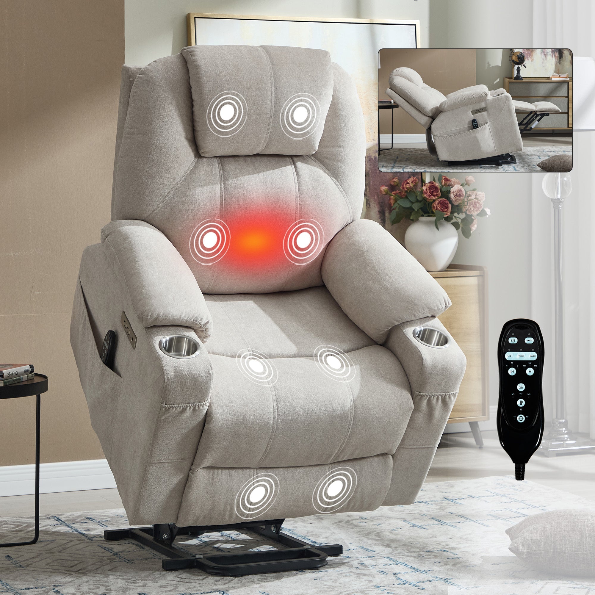 Up to 350 LBS polyester Power Lift Recliner Chair, Heavy Duty Motion Mechanism with 8-Point Vibration Massage and Lumbar Heating, USB and Type-C Ports, Stainless Steel Cup Holders, Beige