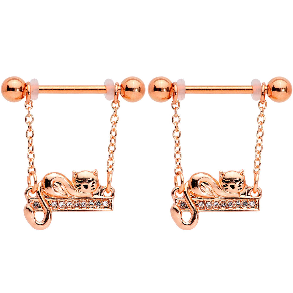 14G 5/8 Clear Gem Rose Gold Tone Nap Cat Dangle Nipple Ring Set