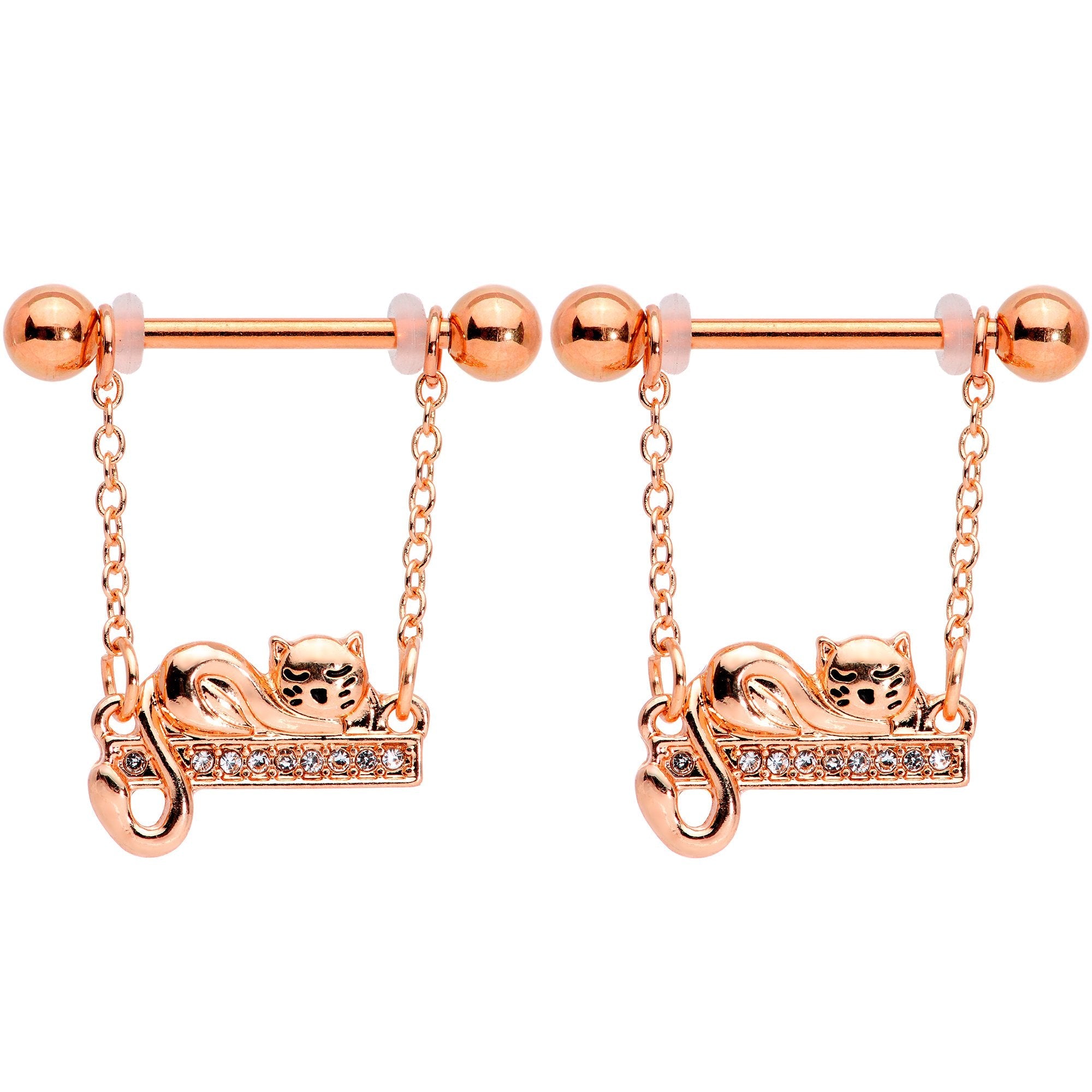14G 5/8 Clear Gem Rose Gold Tone Nap Cat Dangle Nipple Ring Set