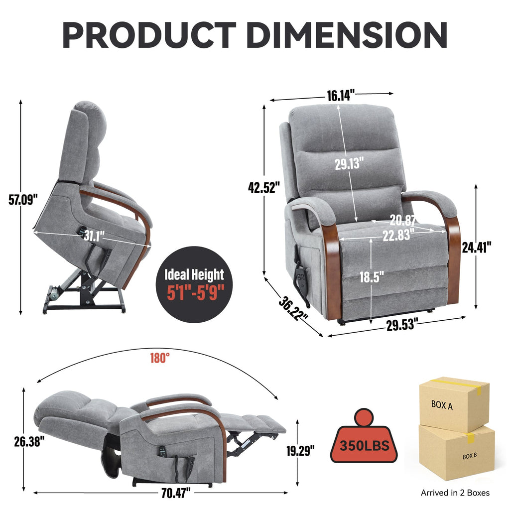 Power Grey Chenille Lift Recliner Chair Dual Motor Infinite Position Up to 350 LBS with Solid Wood Armrests, Heat Massage and Heavy Duty Motion Mechanism