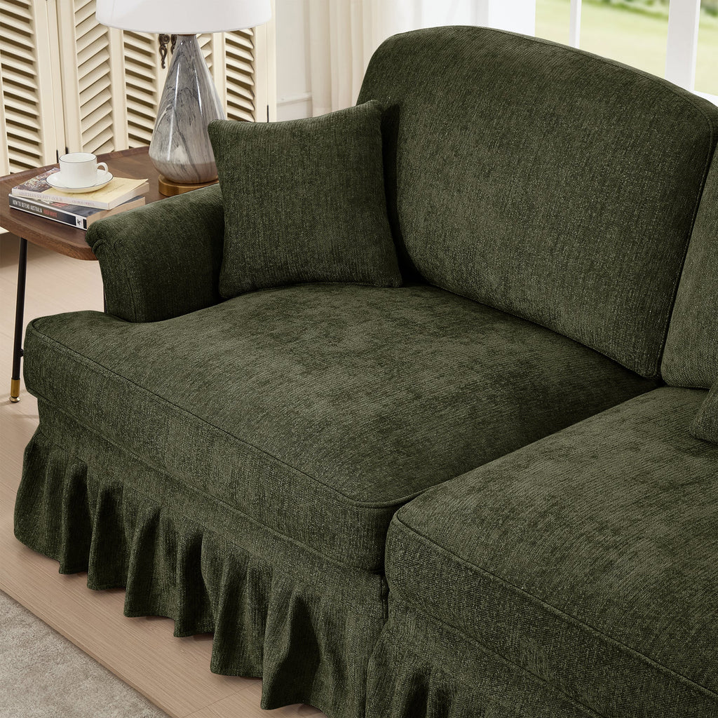 Elegant Mid Century Large 4 Seater Sofa Couch with Flared Arms and Removable Ruffles Pleats Skirts and Spindle Legs, Comfy Chenille Four-Seat Sofa for Living Room, Green