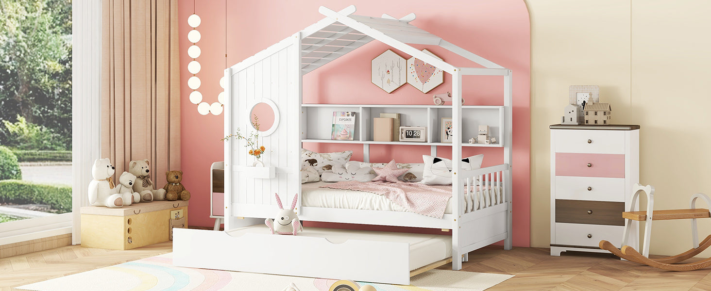 Wooden Twin Size House Bed With Trundle, Modern Design for Kids with Storage Shlef, White(old SKU HL000094AAK)