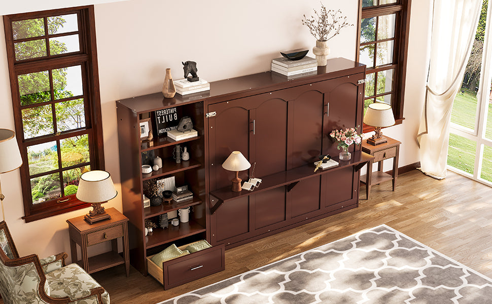 Queen Size Murphy Bed with Height Adjustable Storage Compartments and Shelf, Wall Bed Frame With 1 Drawer, Multifunctional Foldable Platform Bed for Small Space,Bedroom,Guest Room, Walnut