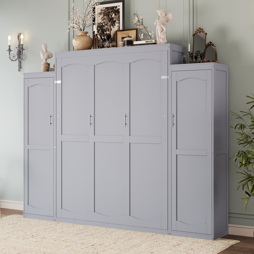 Queen Size Murphy Bed, Wooden Queen Wall Bed with 2 Wardrobe and Storage Shelf, Multifunctional Foldable Platform Bedframe for Guest-Room, Bedroom, Gray