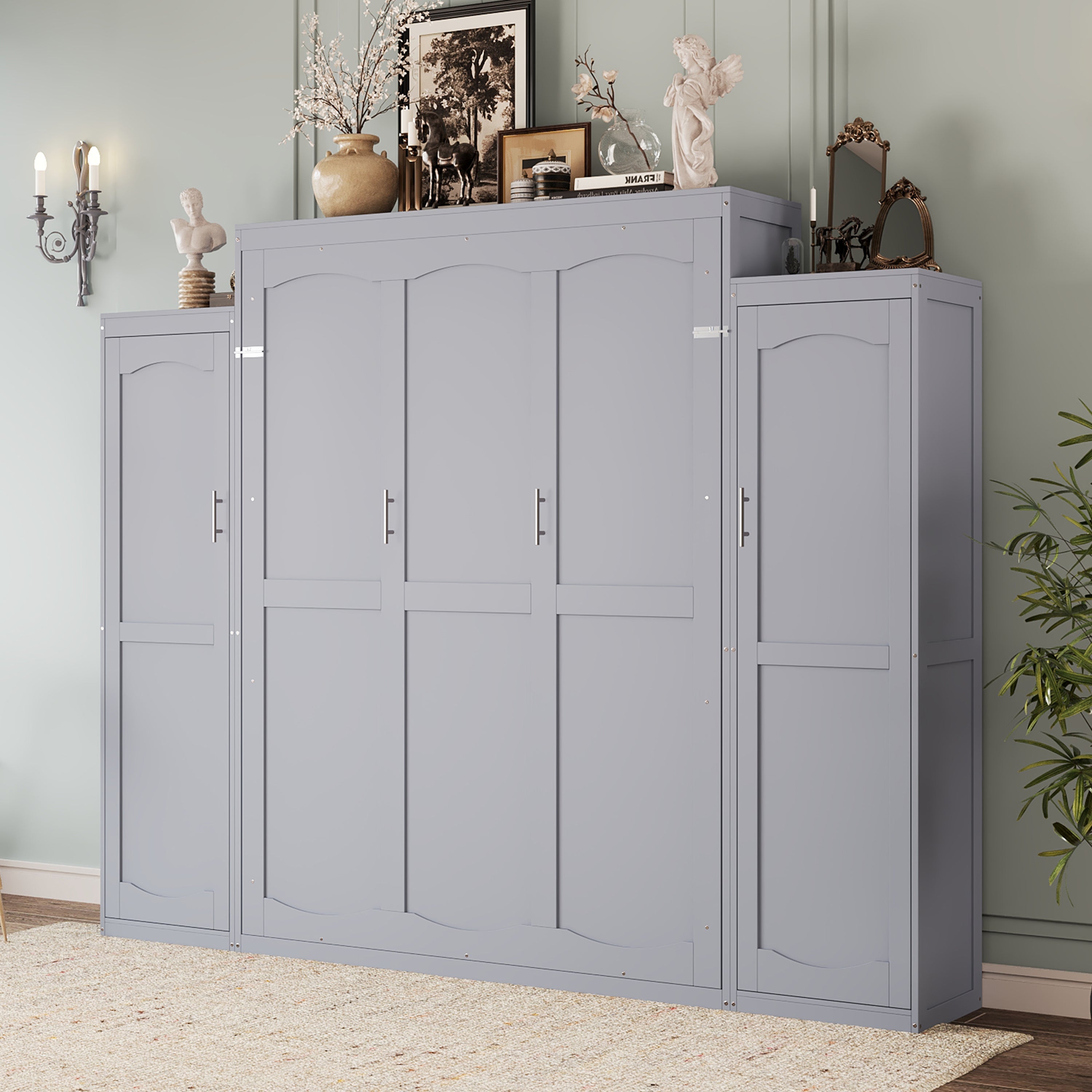 Queen Size Murphy Bed, Wooden Queen Wall Bed with 2 Wardrobe and Storage Shelf, Multifunctional Foldable Platform Bedframe for Guest-Room, Bedroom, Gray