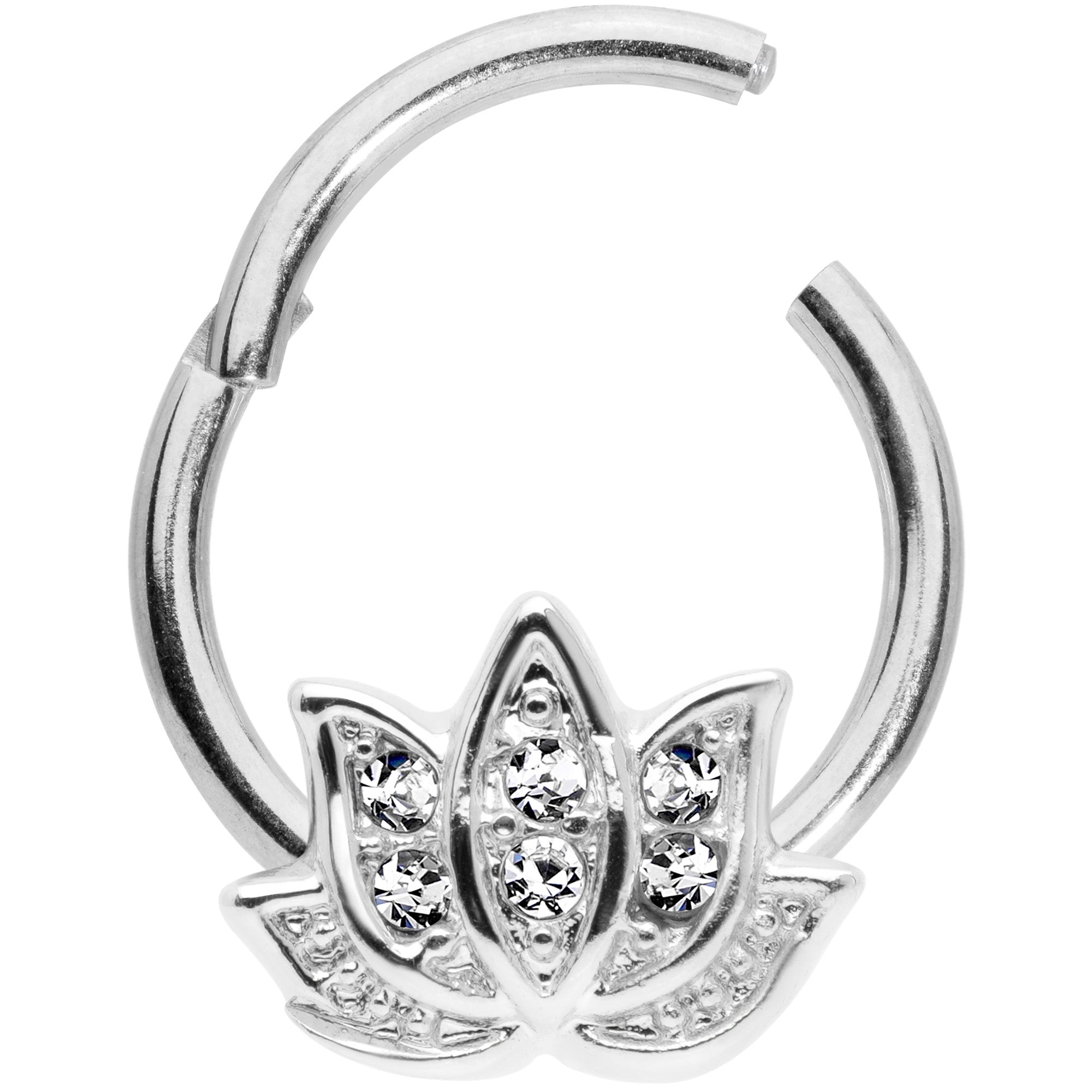 16G 3/8 Clear Gem Lotus Flower Hinged Segment Ring