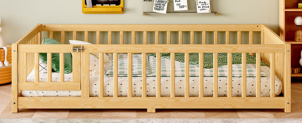 Full Size Bed Floor Bed with Safety Guardrails and Door for Kids, Natural(Old SKU:  W1580P154627)