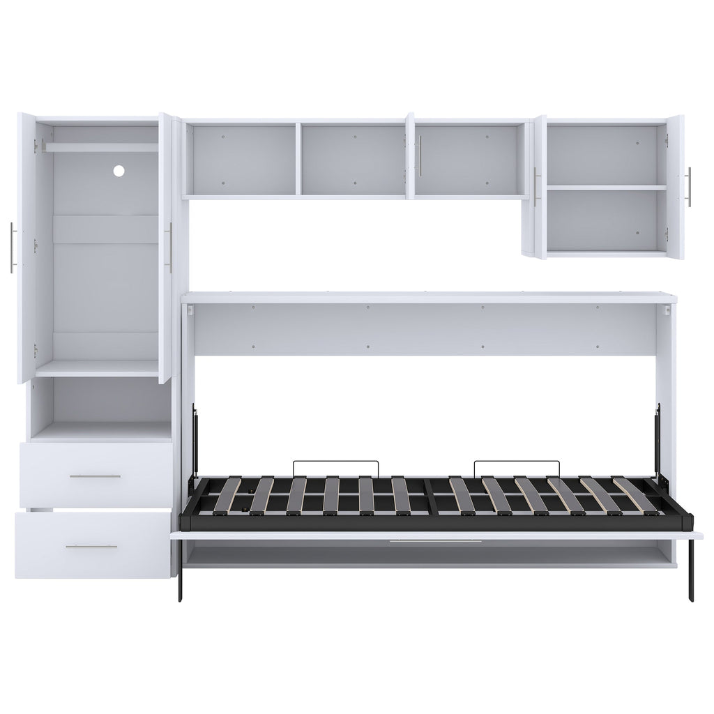 Twin Size Murphy Bed with Open Shelves and Storage Drawers,Built-in Wardrobe and Table, White