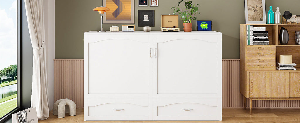 Queen Size Murphy Bed Wall Bed with drawer and a set of Sockets & USB Ports, Pulley Structure Design, White(OLD SKU: LP100671AAK)