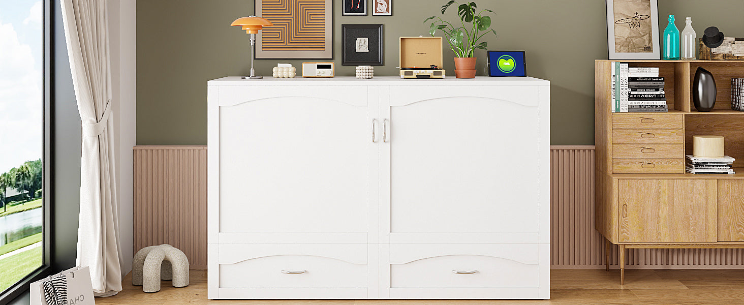 Queen Size Murphy Bed Wall Bed with drawer and a set of Sockets & USB Ports, Pulley Structure Design, White(OLD SKU: LP100671AAK)