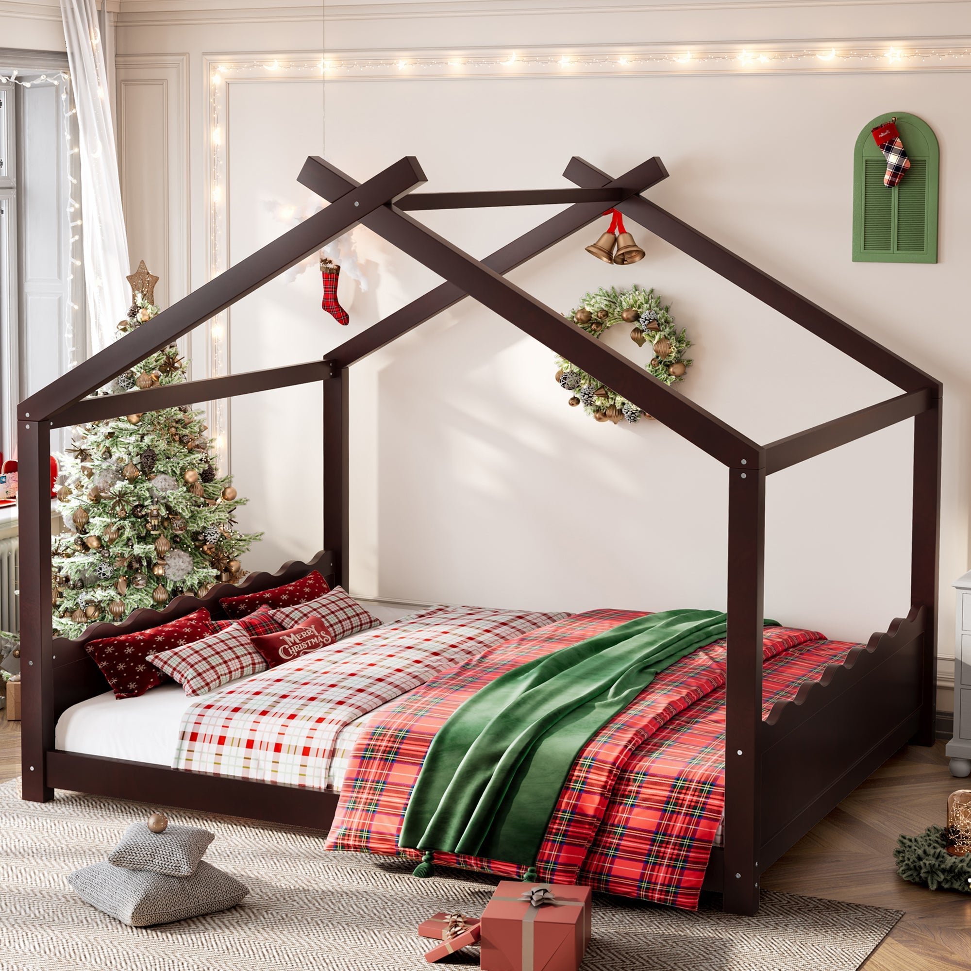 Queen House Floor Bed with Support Slats, Solid Wood House Bed Frame for Kids, No Box Spring Needed and Opening Constructure, Espresso