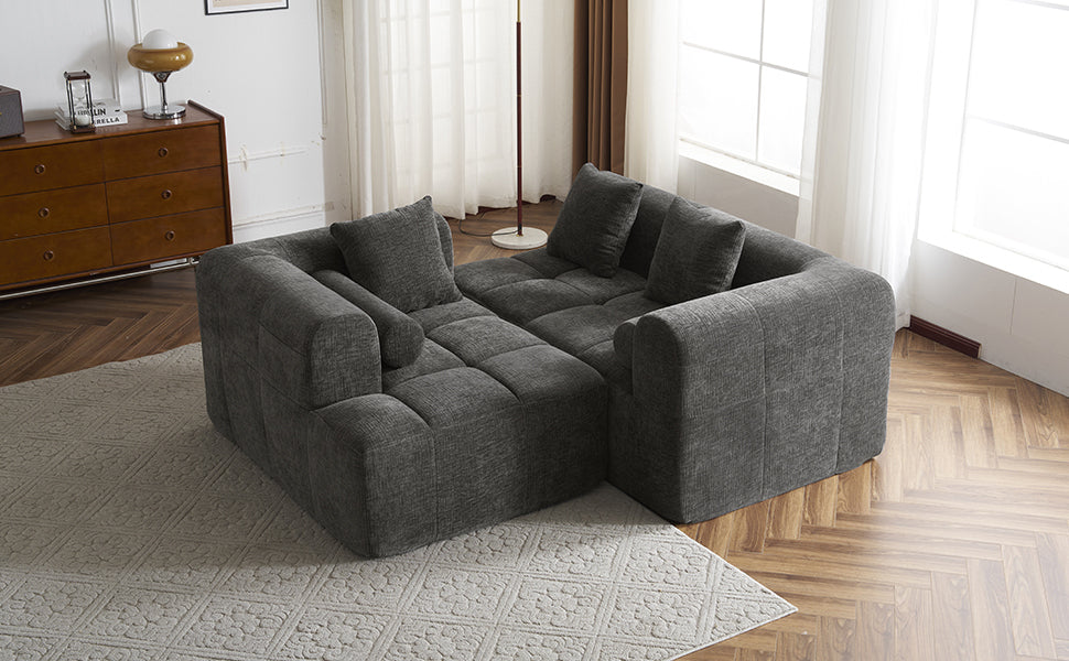 Modern Grey Modular Sectional Sofa with Deep Seating and Side Pockets in Chenille Fabric