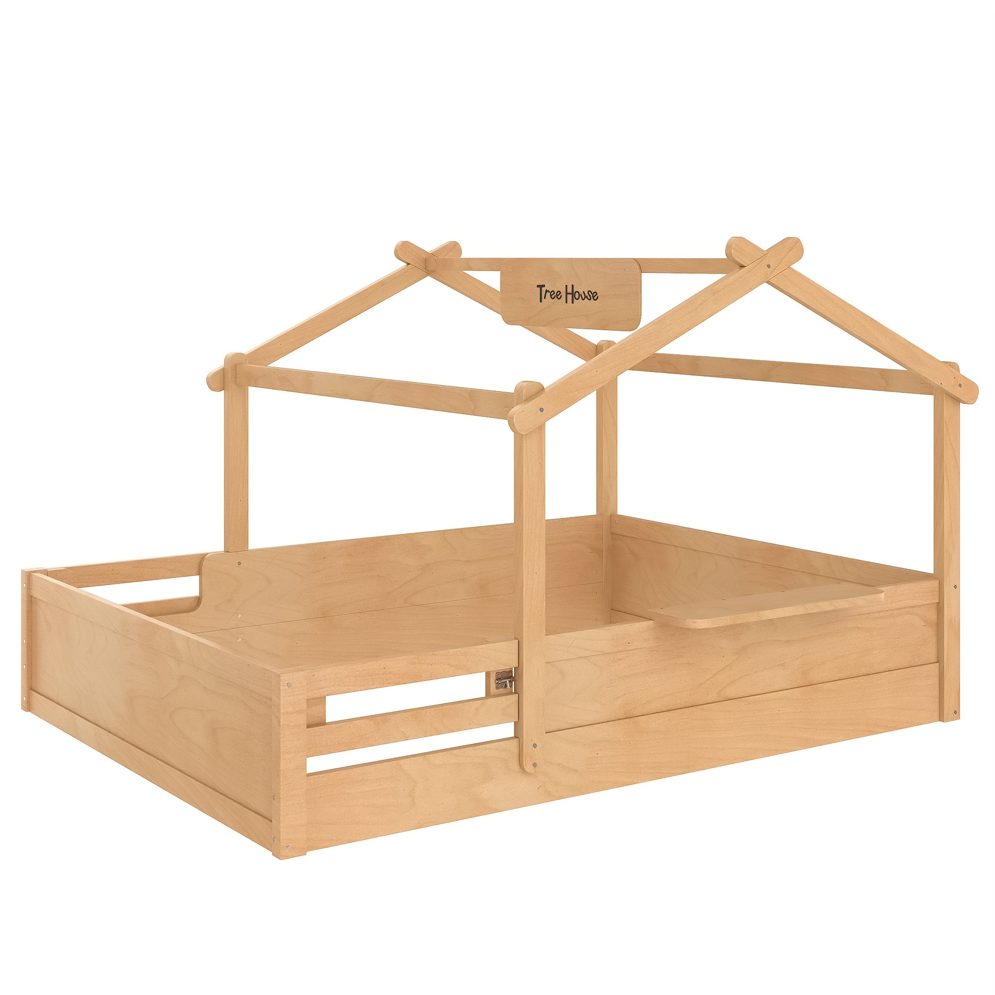 Queen Size Floor Bed with Guardrails and Roof, Kids House Floor Bed with a Small Built-in Tray and Free-installed Signboard, Childlike Design,Natural