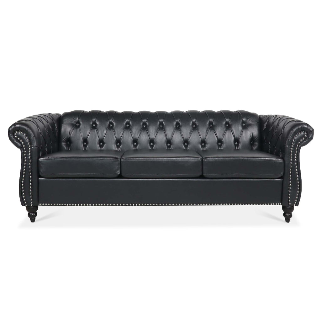 84.65" BLACK PU Rolled Arm Chesterfield Three Seater Sofa