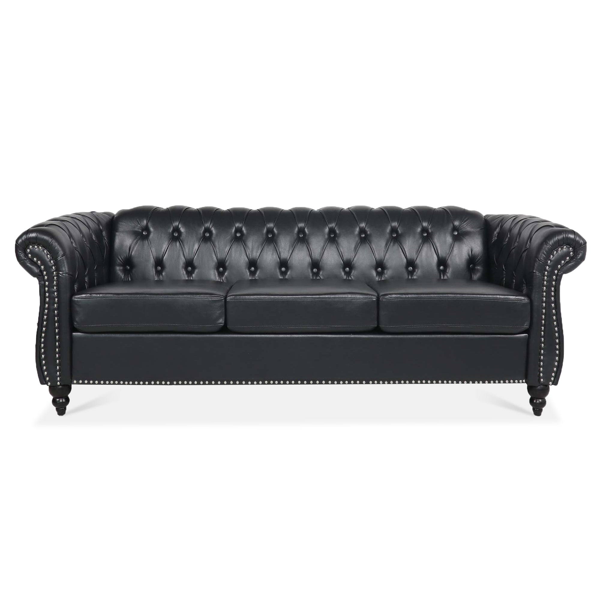84.65" BLACK PU Rolled Arm Chesterfield Three Seater Sofa