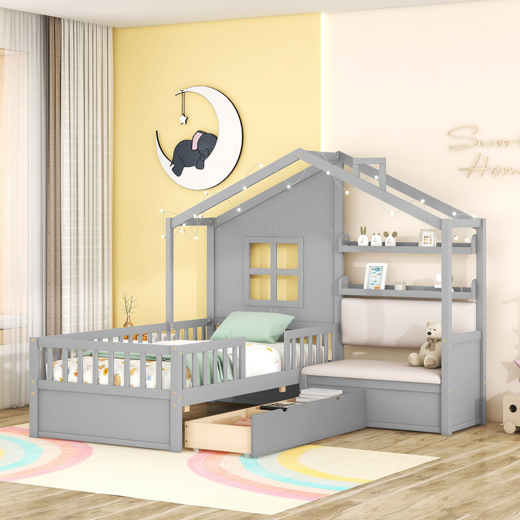 Twin Size House Bed with Sofa, Kids Platform Bed with Two Drawers and Storage Shelf, Gray (Old SKU:HL000065AAE)