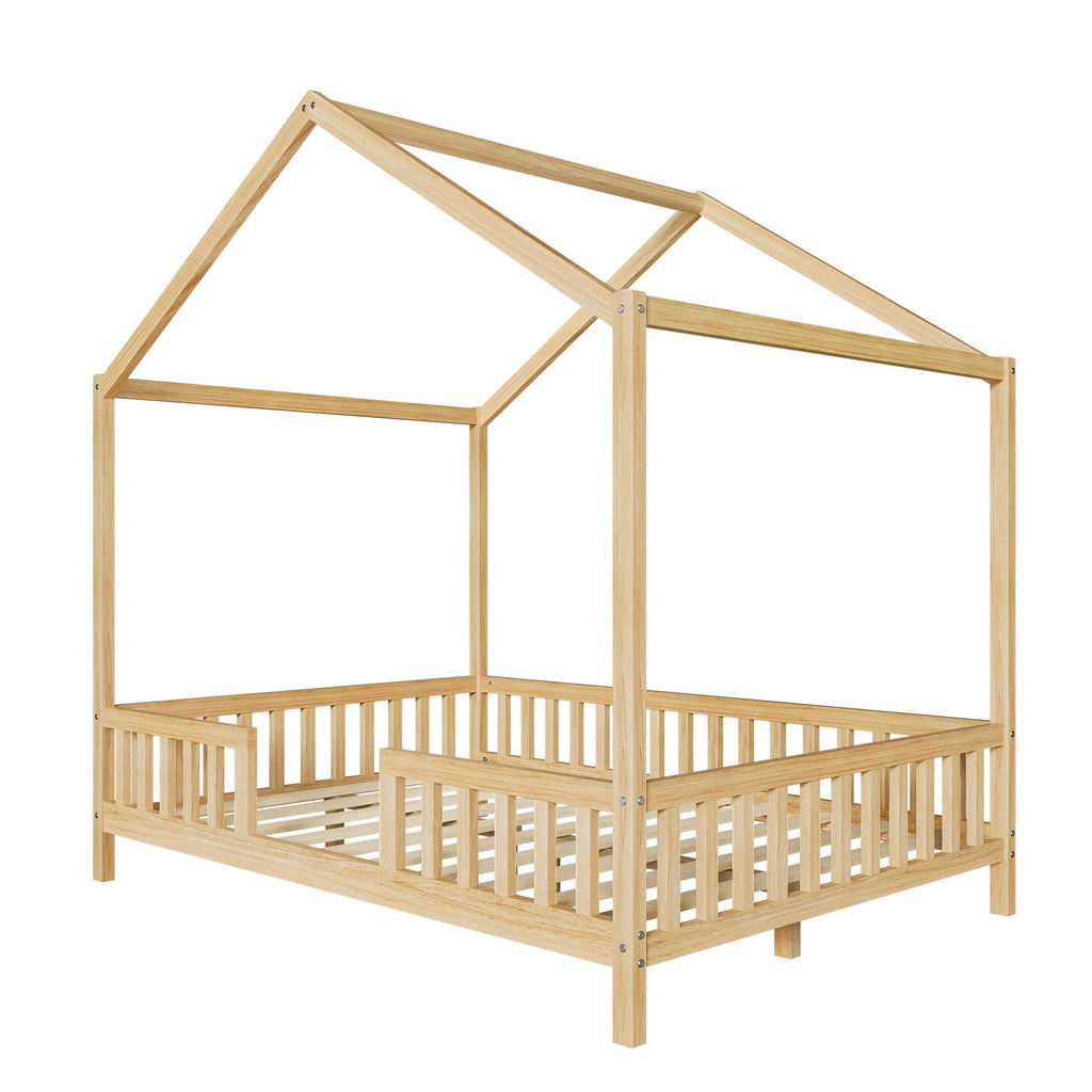 Montessori Floor Bed with Canopy, Full Bed Frame for Kids, House Shape Kids Bed Frame with High Railings, Wood Kids Bed with Roof, Kid Full Bed, Natural