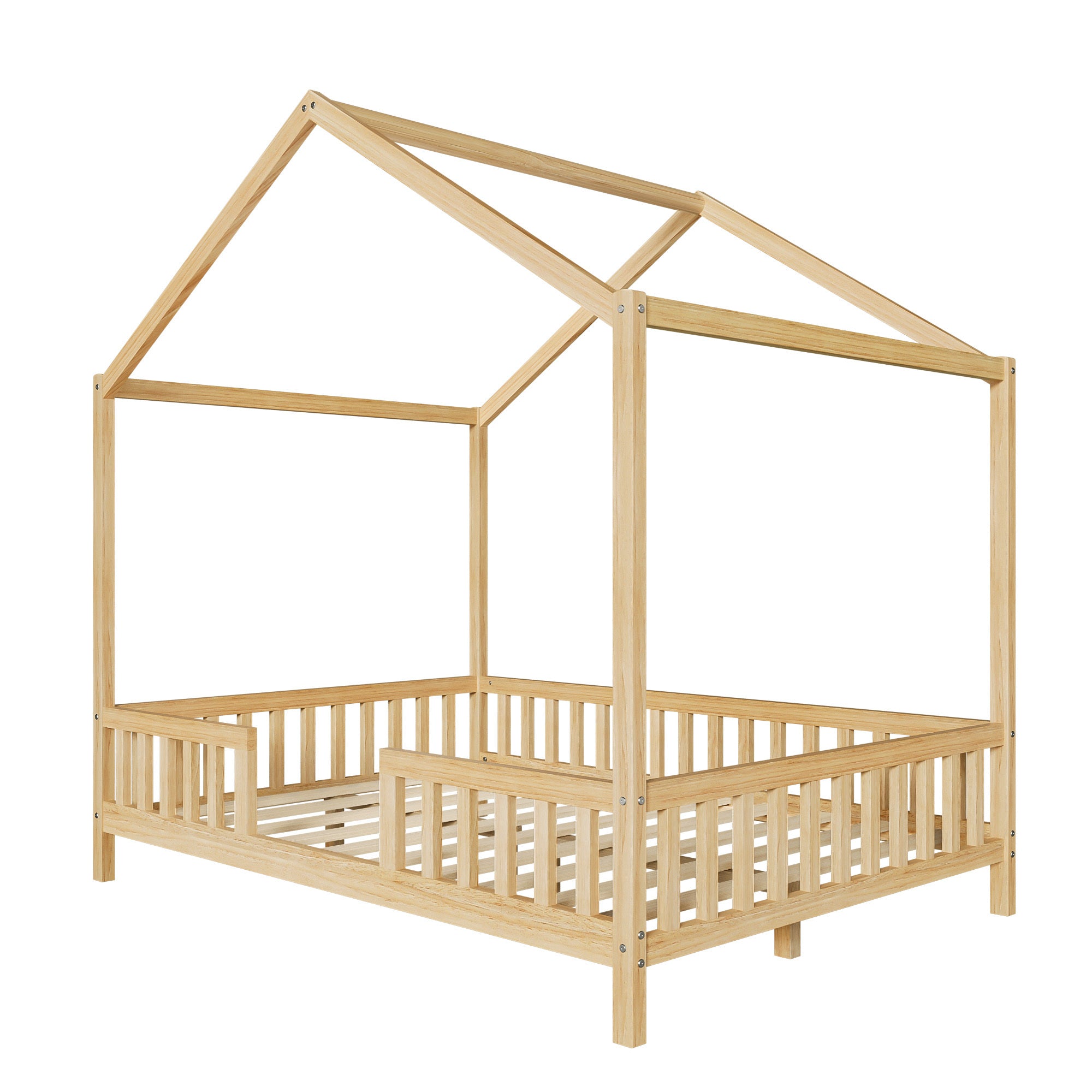 Montessori Floor Bed with Canopy, Full Bed Frame for Kids, House Shape Kids Bed Frame with High Railings, Wood Kids Bed with Roof, Kid Full Bed, Natural
