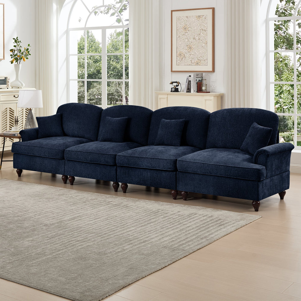 Elegant Mid Century Large 4 Seater Sofa Couch with Flared Arms and Removable Ruffles Pleats Skirts and Spindle Legs, Comfy Chenille Four-Seat Sofa for Living Room, Blue