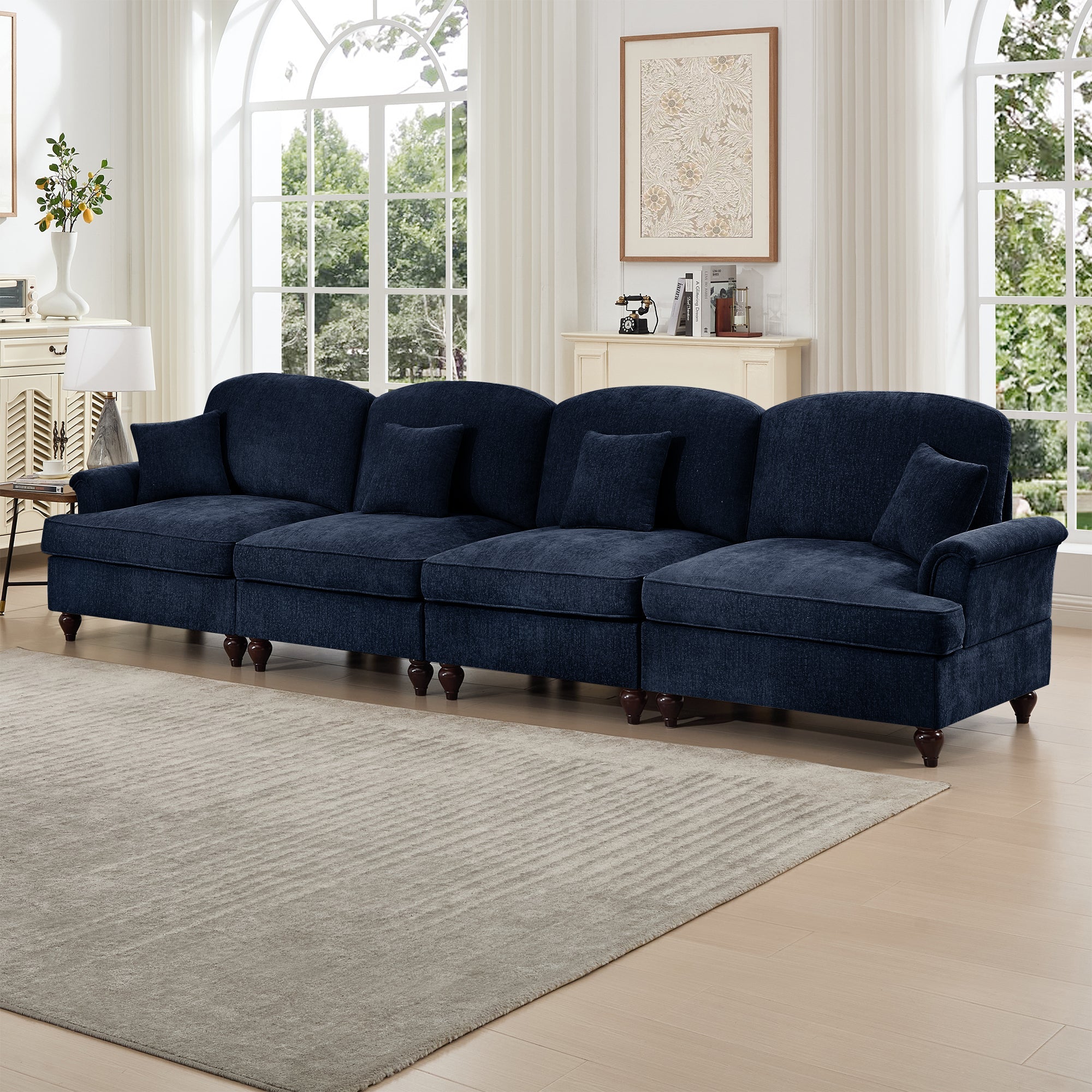 Elegant Mid Century Large 4 Seater Sofa Couch with Flared Arms and Removable Ruffles Pleats Skirts and Spindle Legs, Comfy Chenille Four-Seat Sofa for Living Room, Blue