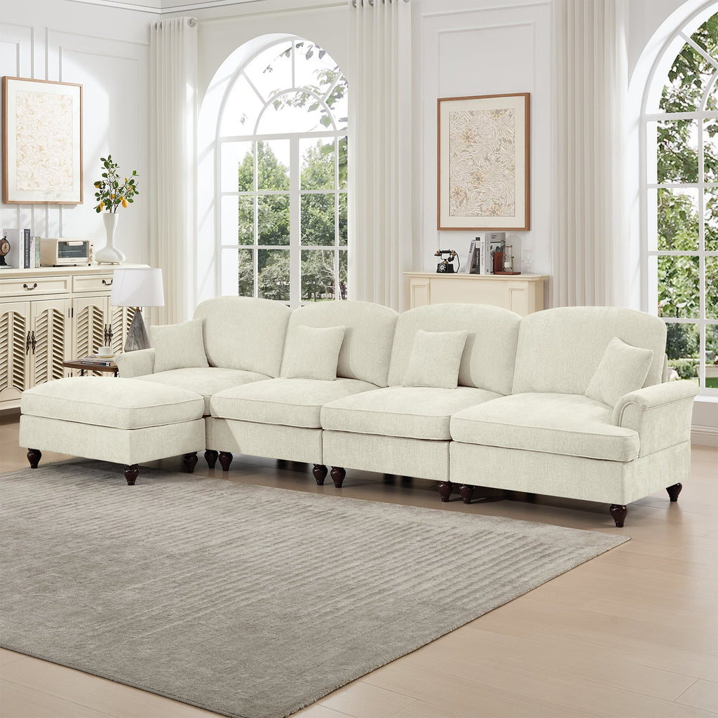 Classic Three Seater Modular L Shaped Sectional Couch with Flared Arms and Removable Ruffles Pleats Skirts and Spindle Legs, Comfy Chenille Four-Seat Deep Seat Sofa with Movable Ottoman, Beige White