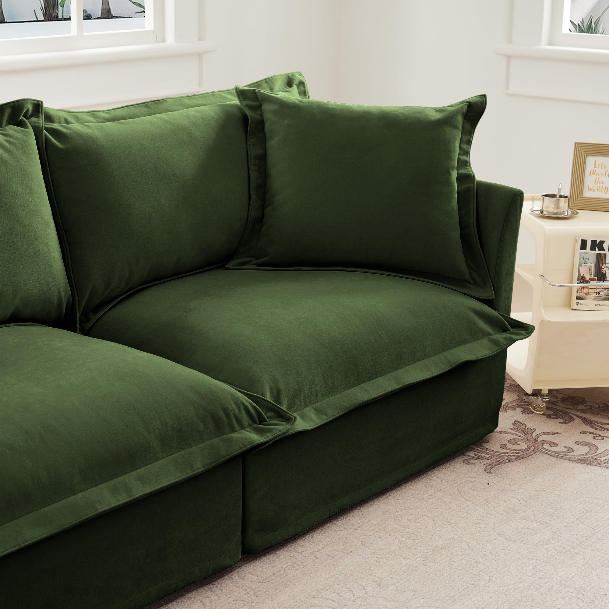Living Room Sofa Slipcovered Sofa 3 Seater Sofa With 3 Ottomans, Oversized 3-Seat Sleeper Sofa Bed Home Theater Sofa,  Chenille, Green