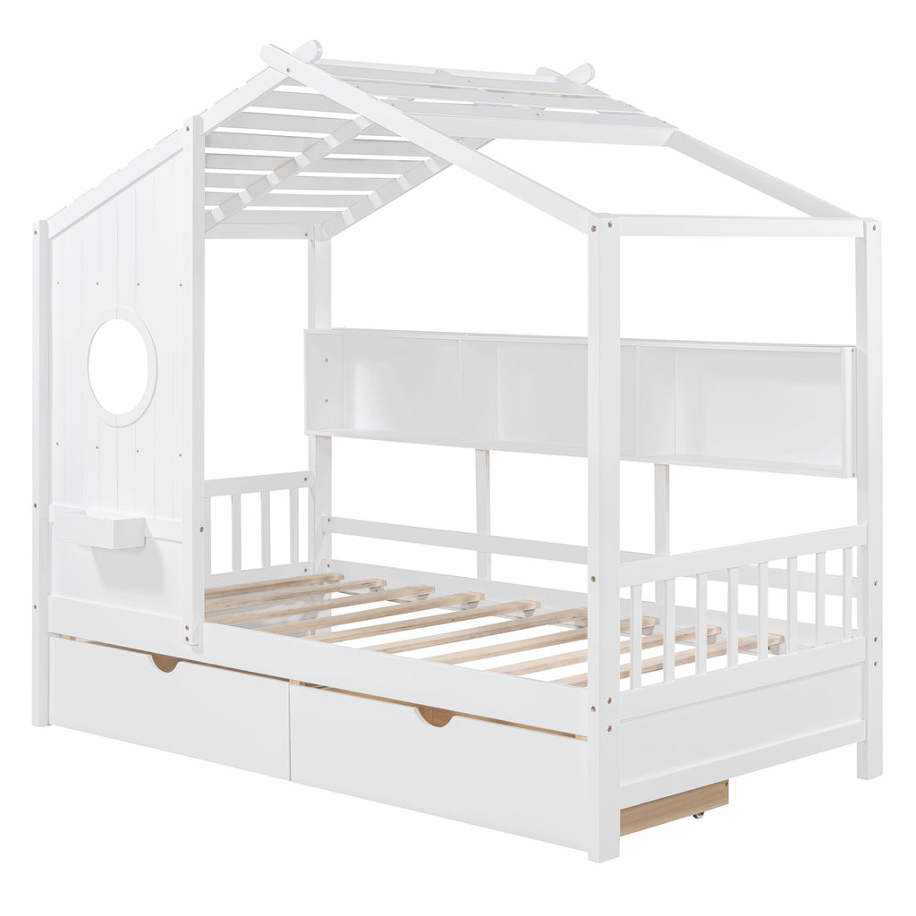 Wooden Twin Size House Bed with 2 Drawers,Kids Bed with Storage Shelf, White(Old SKU: HL000051AAK)
