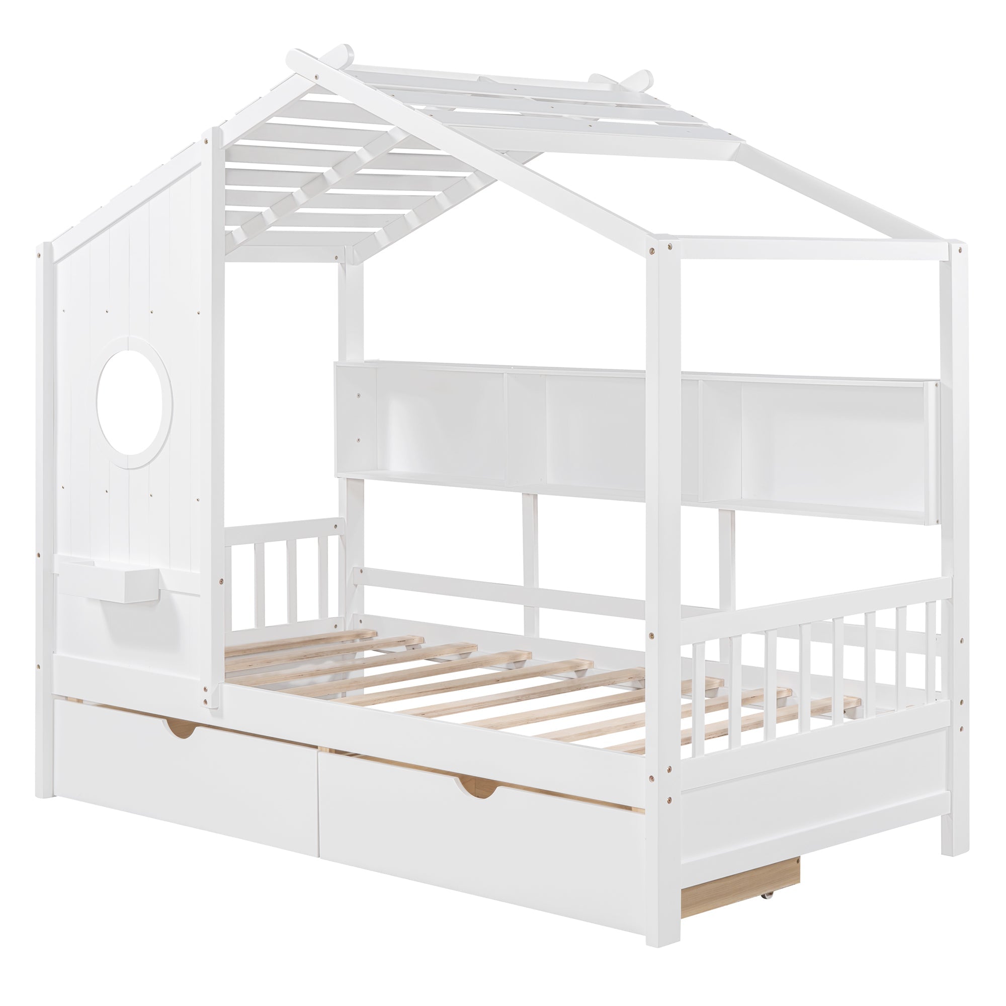 Wooden Twin Size House Bed with 2 Drawers,Kids Bed with Storage Shelf, White(Old SKU: HL000051AAK)