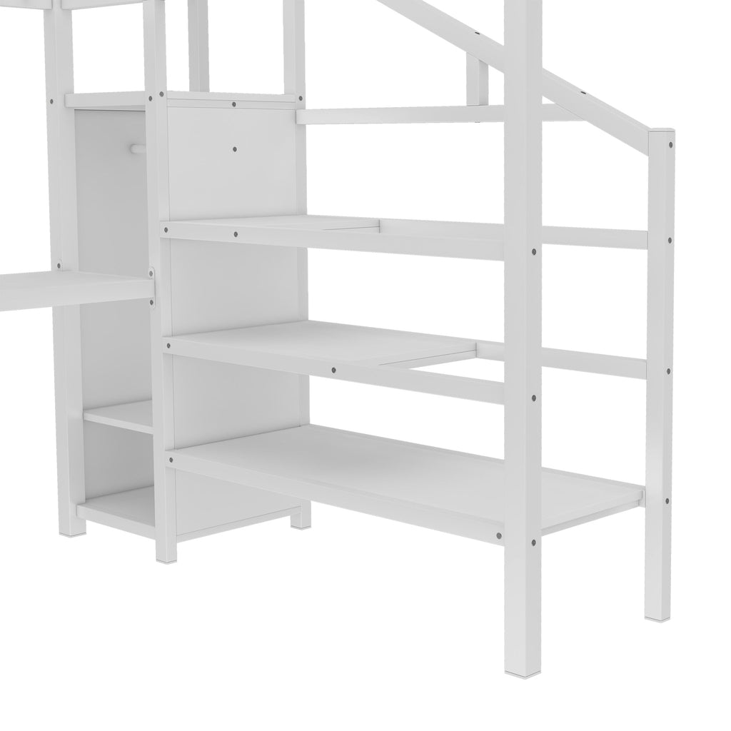 Queen Size Loft Bed with L-shaped Desk and USB, Metal Loft Bed with Wardrobe and Adjustable Shelf, High Loft Bed with LED for Kids Teens Adults, White