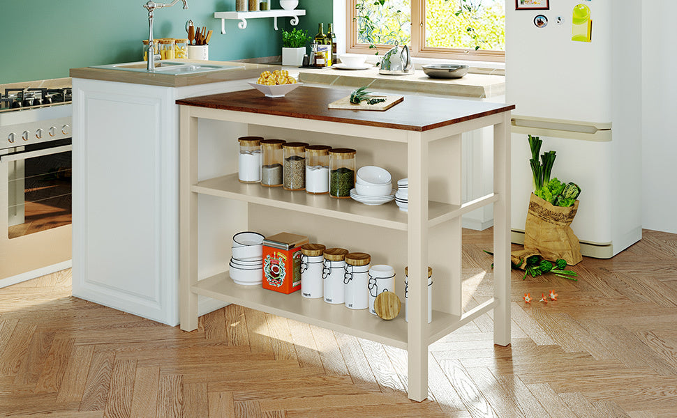 TOPMAX Rustic 3-piece Stationary Kitchen Island Set with Butcher Block and Seating, Walnut and Cream White