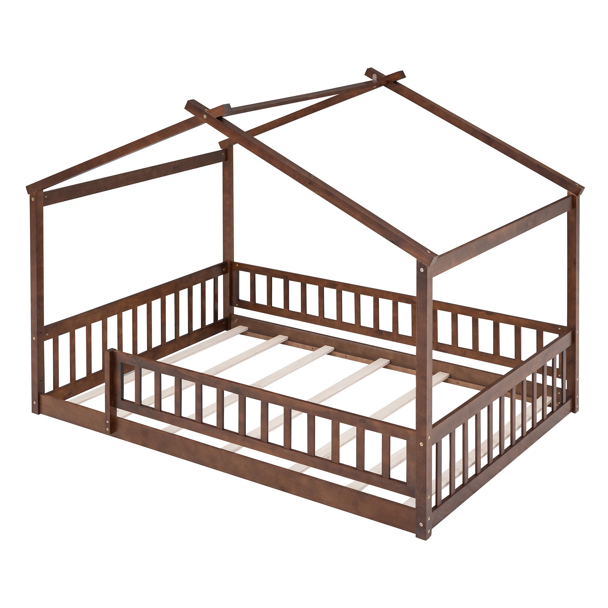 Full Size Wood Bed House Bed Frame with Fence, for Kids, Teens, Girls, Boys,Walnut