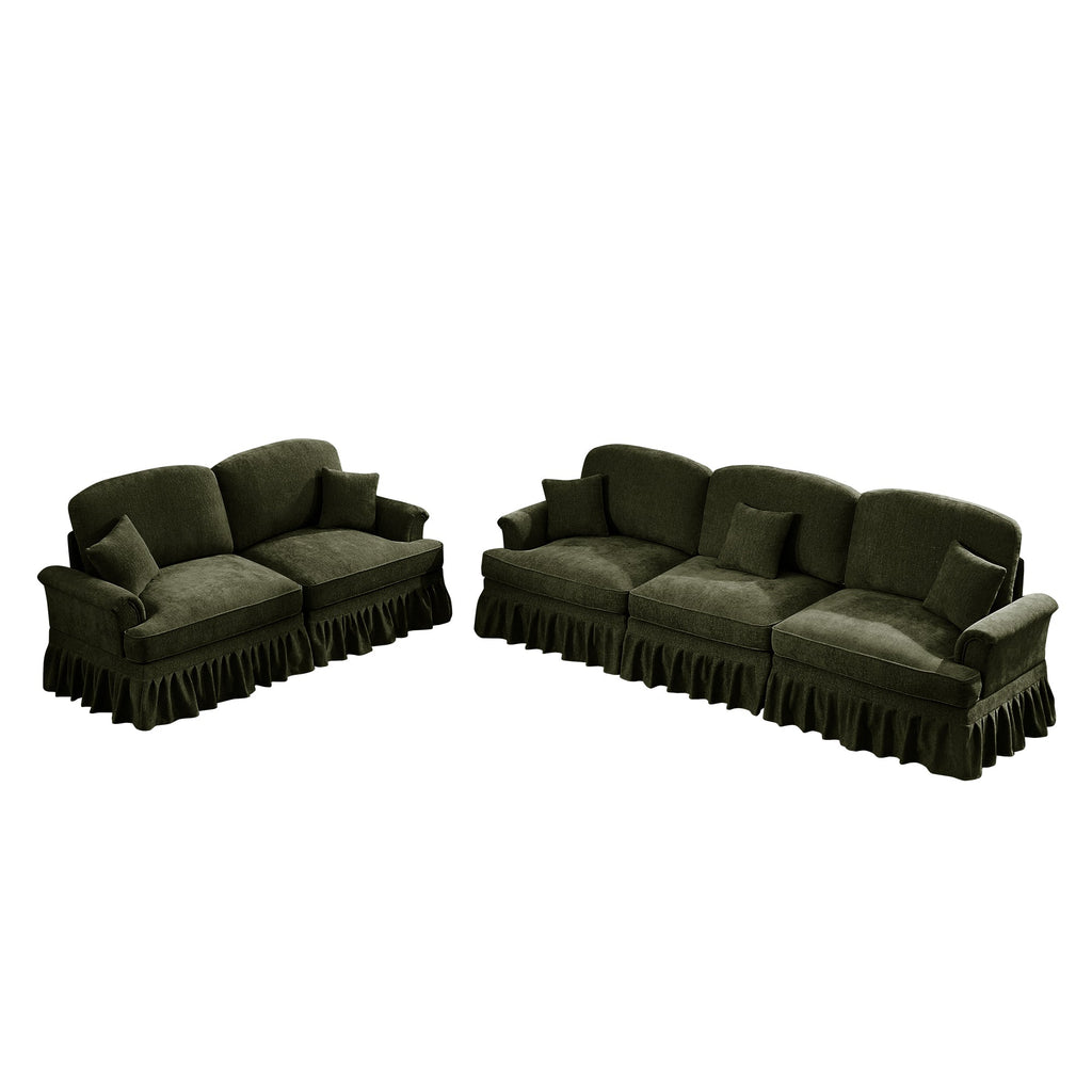 Classic 2 Piece Modular Couch Living Room Sofa Set with Flared Arms and Removable Ruffles Pleats Skirts and Spindle Legs, 3 Seater Sofa + 2-Seat Loveseat Sofa Sets for Living Room,Green