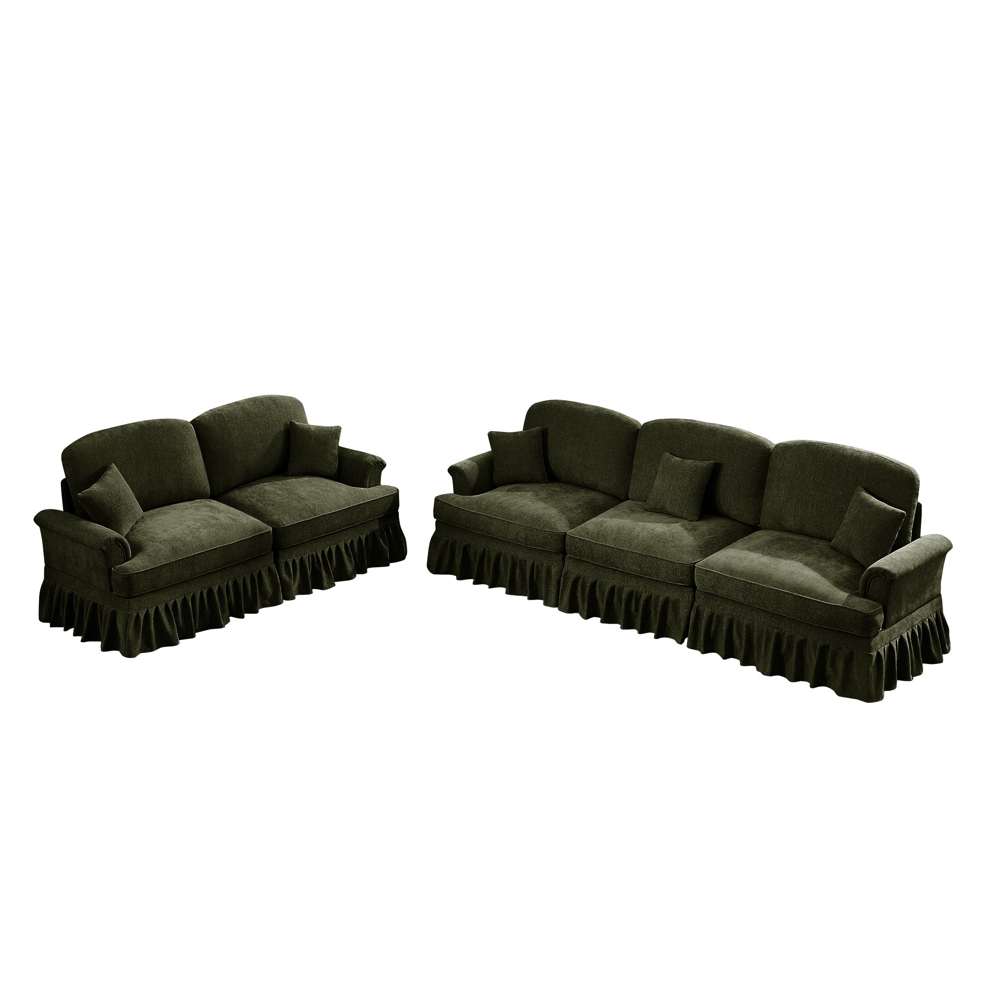 Classic 2 Piece Modular Couch Living Room Sofa Set with Flared Arms and Removable Ruffles Pleats Skirts and Spindle Legs, 3 Seater Sofa + 2-Seat Loveseat Sofa Sets for Living Room,Green