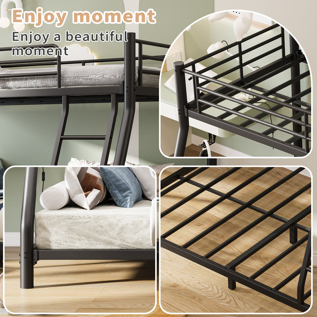 Twin Over Full Bunk Bed, Metal Bunk Bed Frame with Ladder, Safety Rail & Steel Slats, Space-Saving Bunk Beds for Kids Teens Adults, Noise Free for Dorm Bedroom, No Box Spring Needed