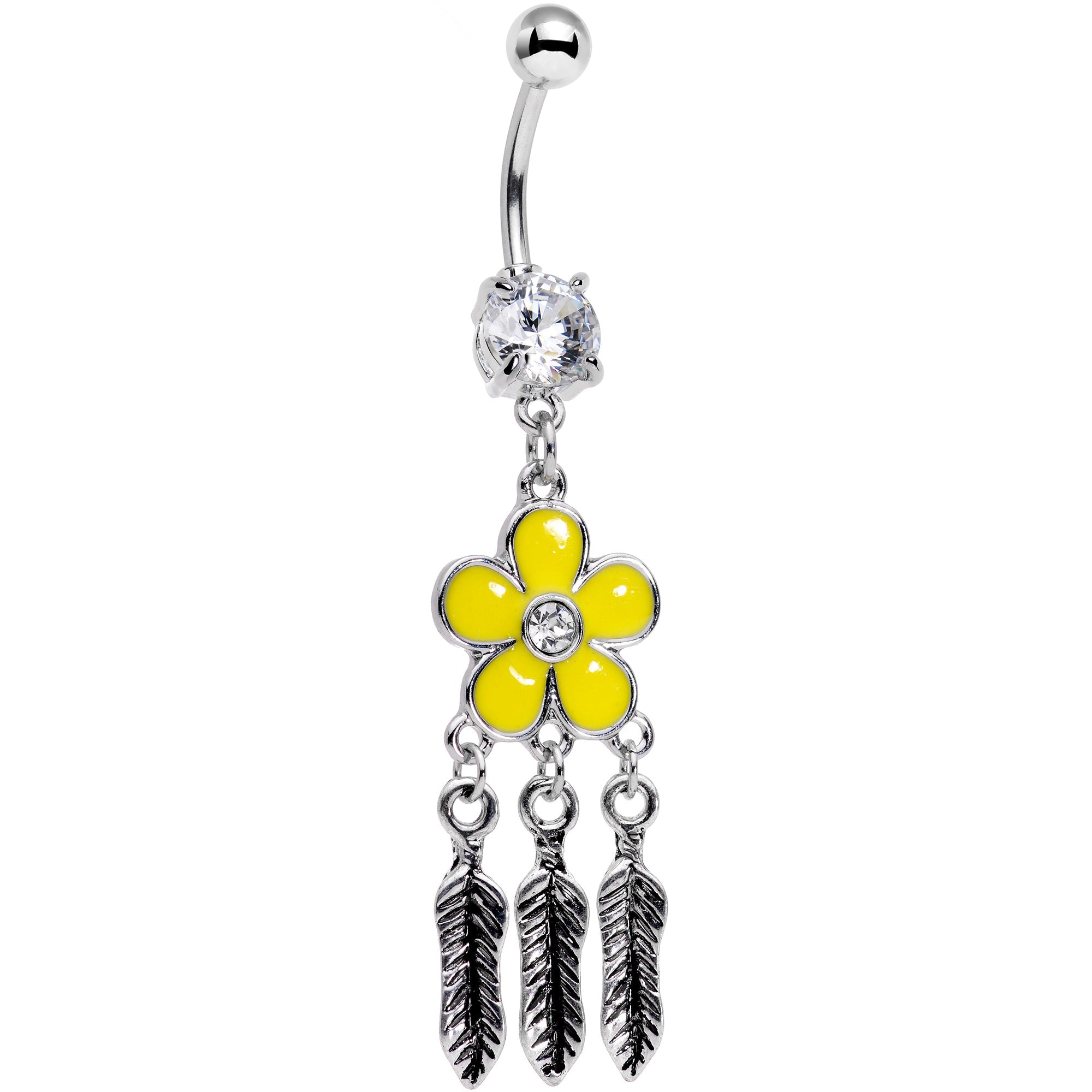 Clear Gem Yellow Flower Feathers Dreamcatcher Dangle Belly Ring