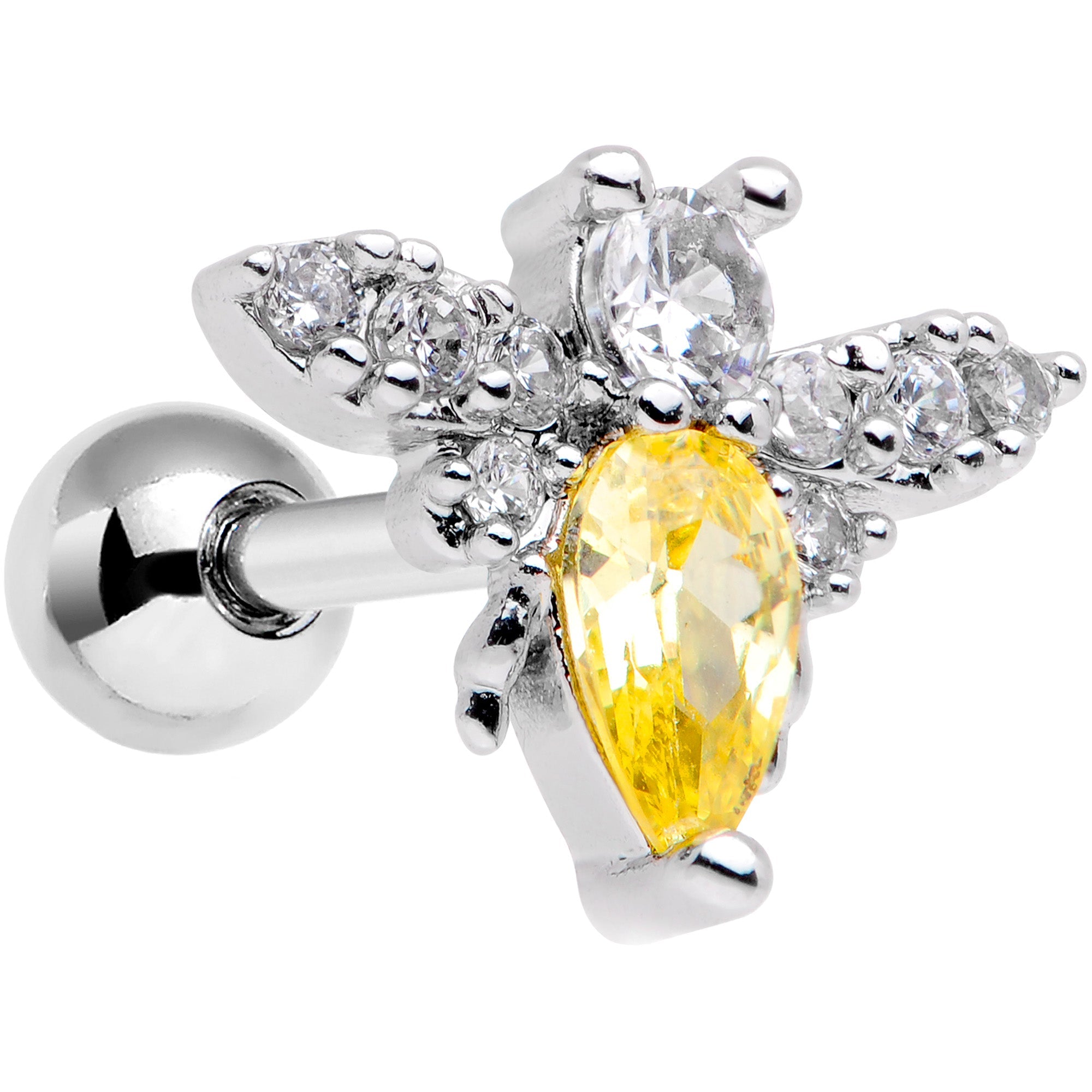 16G 1/4 Clear Yellow CZ Gem Bee Cartilage Tragus Earring