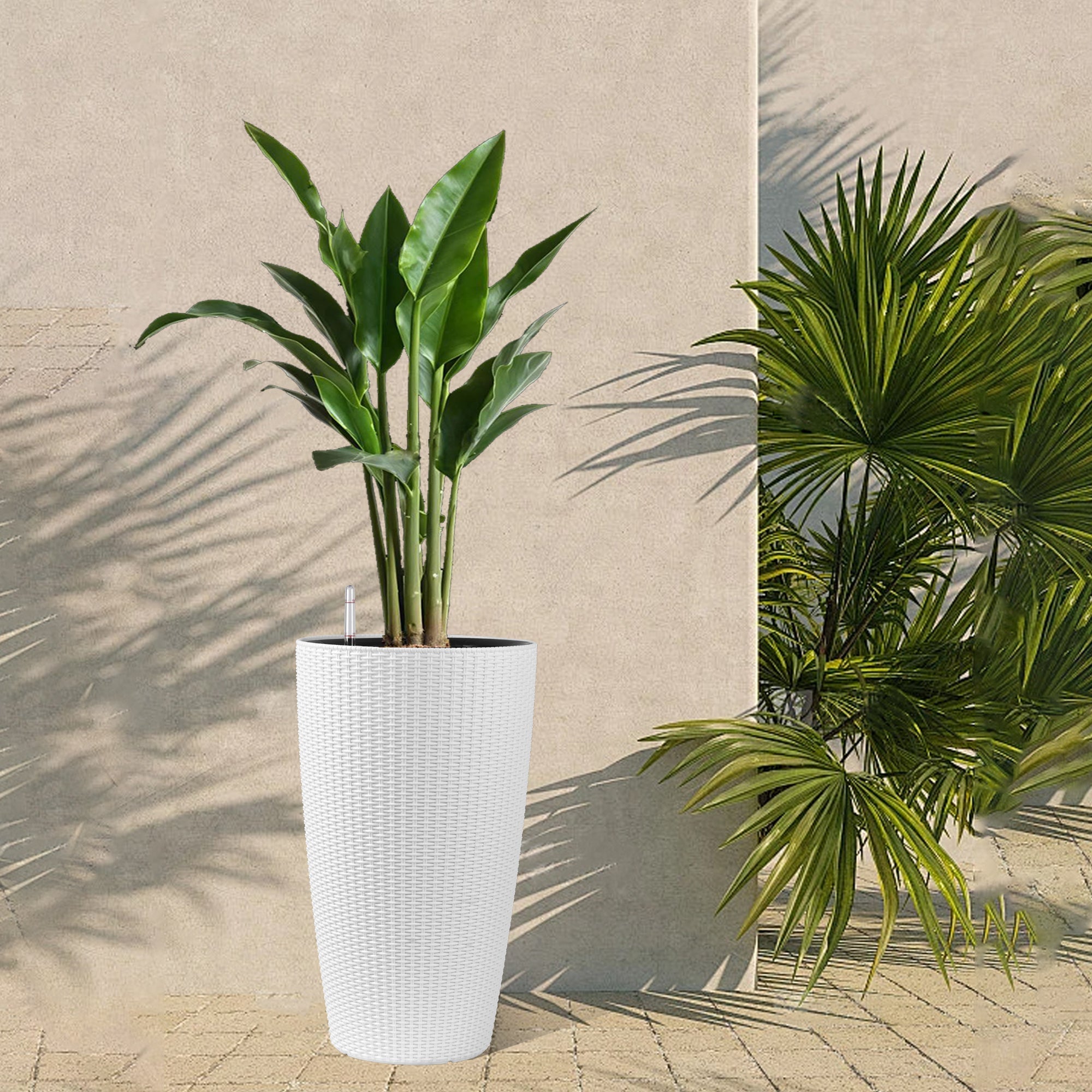 Faux Rattan Tall Planters Set with Water Level Monitor and Automatic Watering, White, Polypropylene, 22 Inch