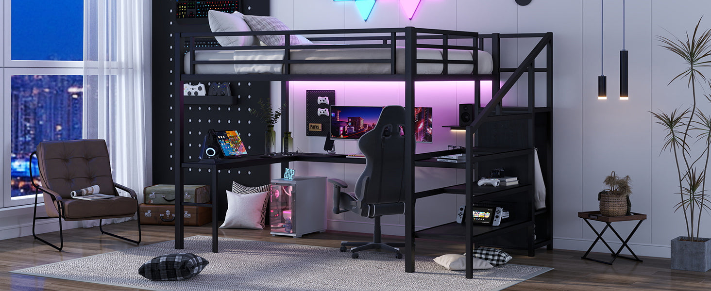 Queen Size Loft Bed with L-shaped Desk and USB, Metal Loft Bed with Wardrobe and Adjustable Shelf, High Loft Bed with LED for Kids Teens Adults, Black