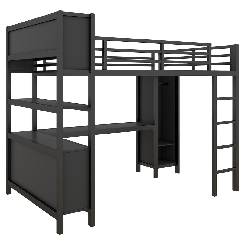 Metal Loft Bed with Wardrobe And L-shaped Desk, Full Size Loft Bed with Storage Cubes and Shelves, Heavy Duty Loft Bed for Kids Teens Adults, Black