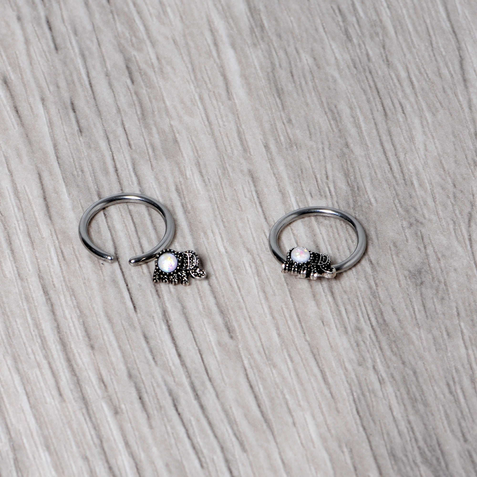 14G 1/2 White Faux Opal Elephant BCR Captive Nipple Ring Set