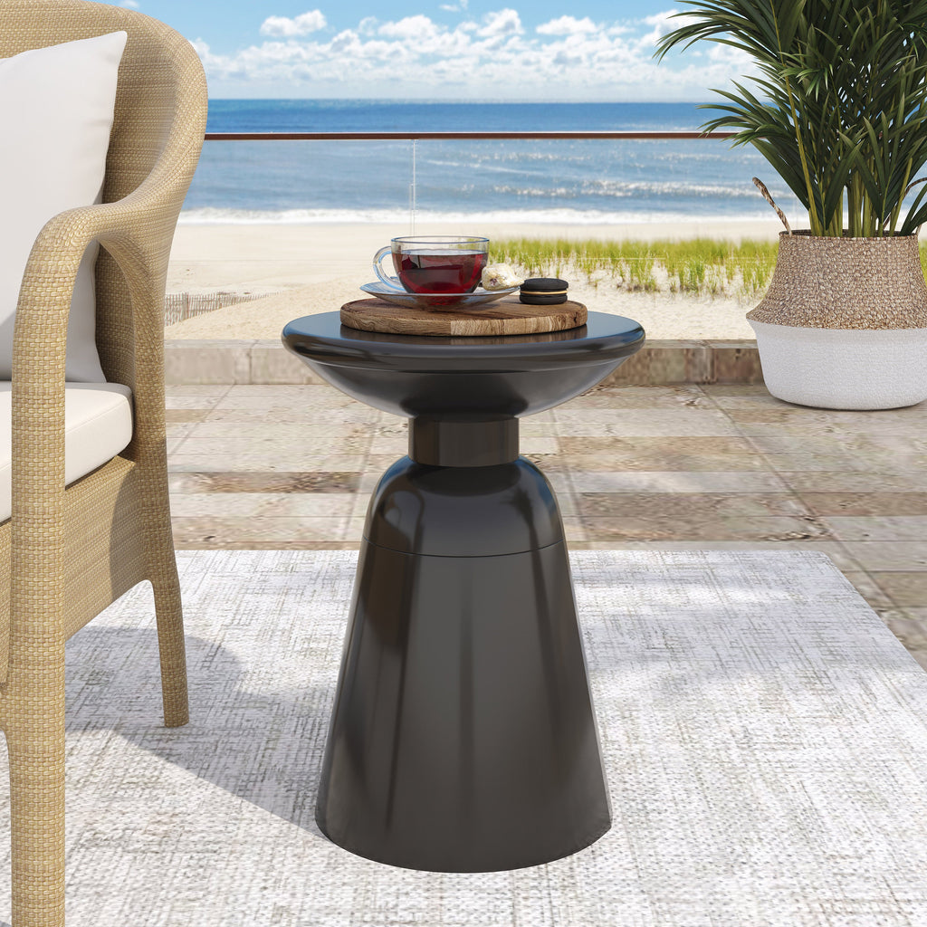 Modern Outdoor Metal End Table with Pedestal Structure in Black Iron, 15x15x20.75 Inches